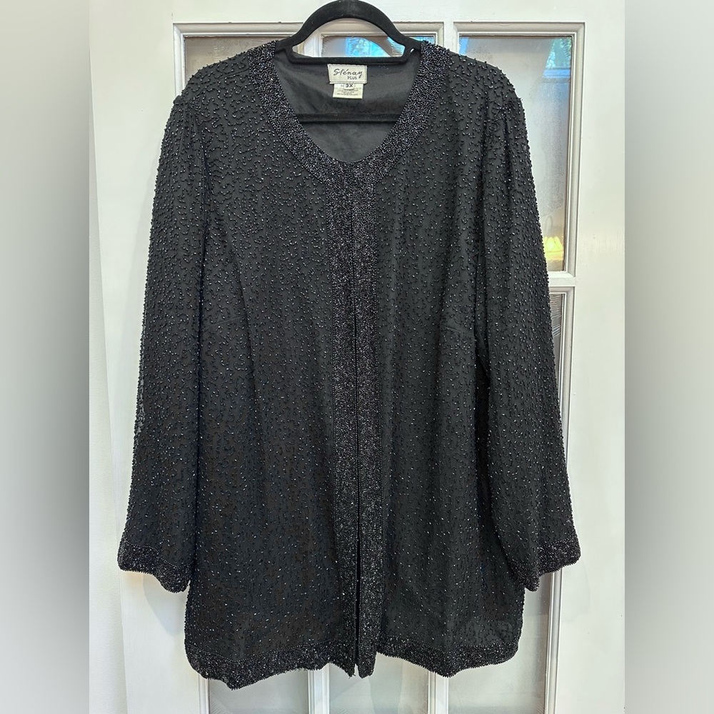 Vintage Stenay 80’s 100% Silk Black Beaded Sequin Evening Jacket Plus Size 3X